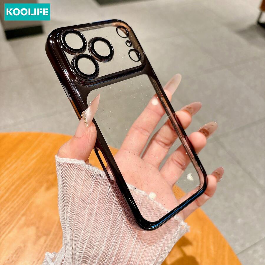 Koolife 1件裝黑色電鍍亮片透明PC手機殼，透明亮面防摔保護殼附鏡頭保護蓋，適用 18 Pro/18 Pro Max/17/17 Pro/17 Pro Max