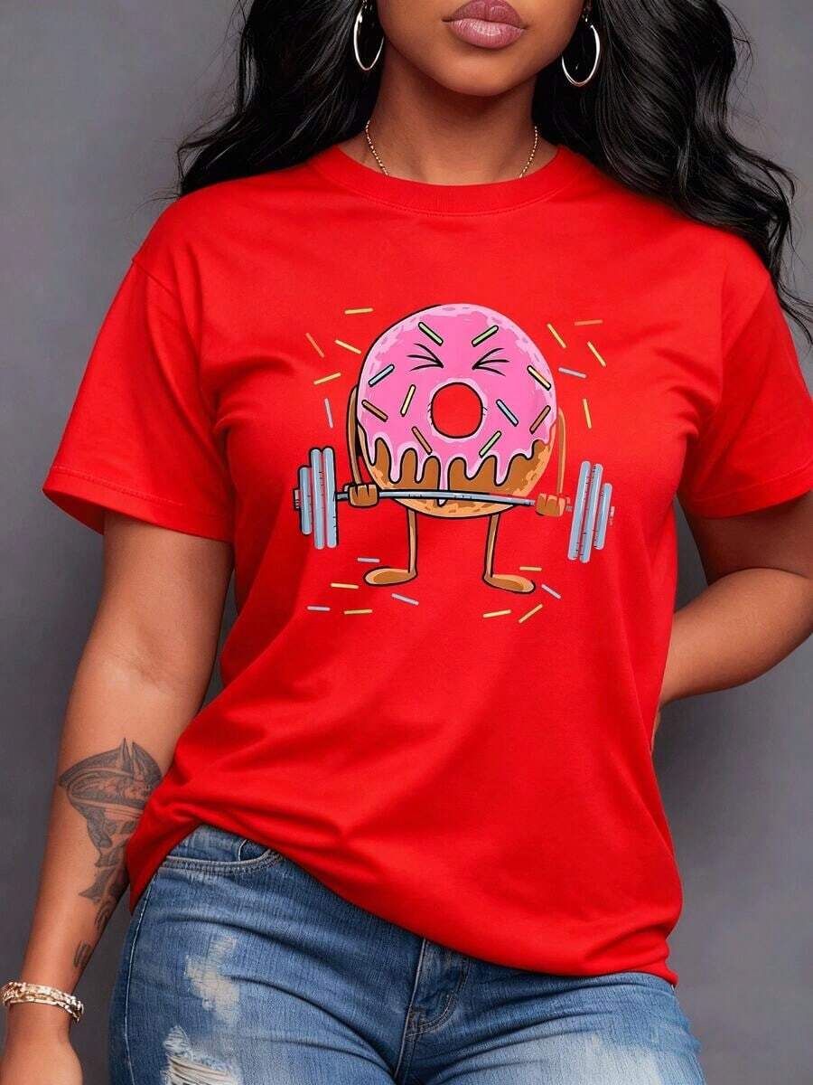 Rosquilla rosa con chispas de colores levanta pesas con determinación simbolizando el humor del fitness y el dulce placer una fuerza única. Camiseta de mujer% algodón gym divertida entrenamiento casual regalo-Vintage Street Style Unisex Loose Cotton Short Sleeve Crew Neck-Shirt - Rojo - Ver 1