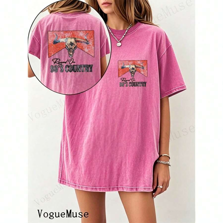 Unisex Washed Distressed T-Shirt Cotton Blend Casual Oversized Tee. Women'S Vintage 192s Retro Skull & 9'S Country Graphic T-Shirt - Double-Sided - 玫瑰紅 - 查看 1