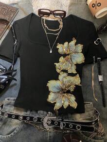 Camiseta de manga corta con cuello cuadrado, estilo minimalista y casual de verano, adecuada para uso diario, escuela y transporte.Simple y versátil, con estilo retro de los años 2000. - Multicolor - Ver 3
