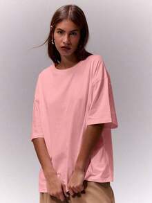 Camiseta de cuello redondo suave y oversize, parte de un armario cápsula casual, camiseta oversize para uso diario, aeropuerto, vuelta al colegio, elegante para primavera y verano, vacaciones - Rosa - Ver 5