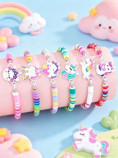 6 Stücke/Set niedlicher Einhorn Anhänger Armband, farbiges Polymer Ton elastisches Armband, Geburtstagsgeschenk für Mädchen