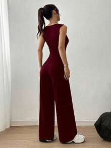 Pantalones de peto de unicolor de estilo minimalista casual para uso diario - Burdeos - Ver 2