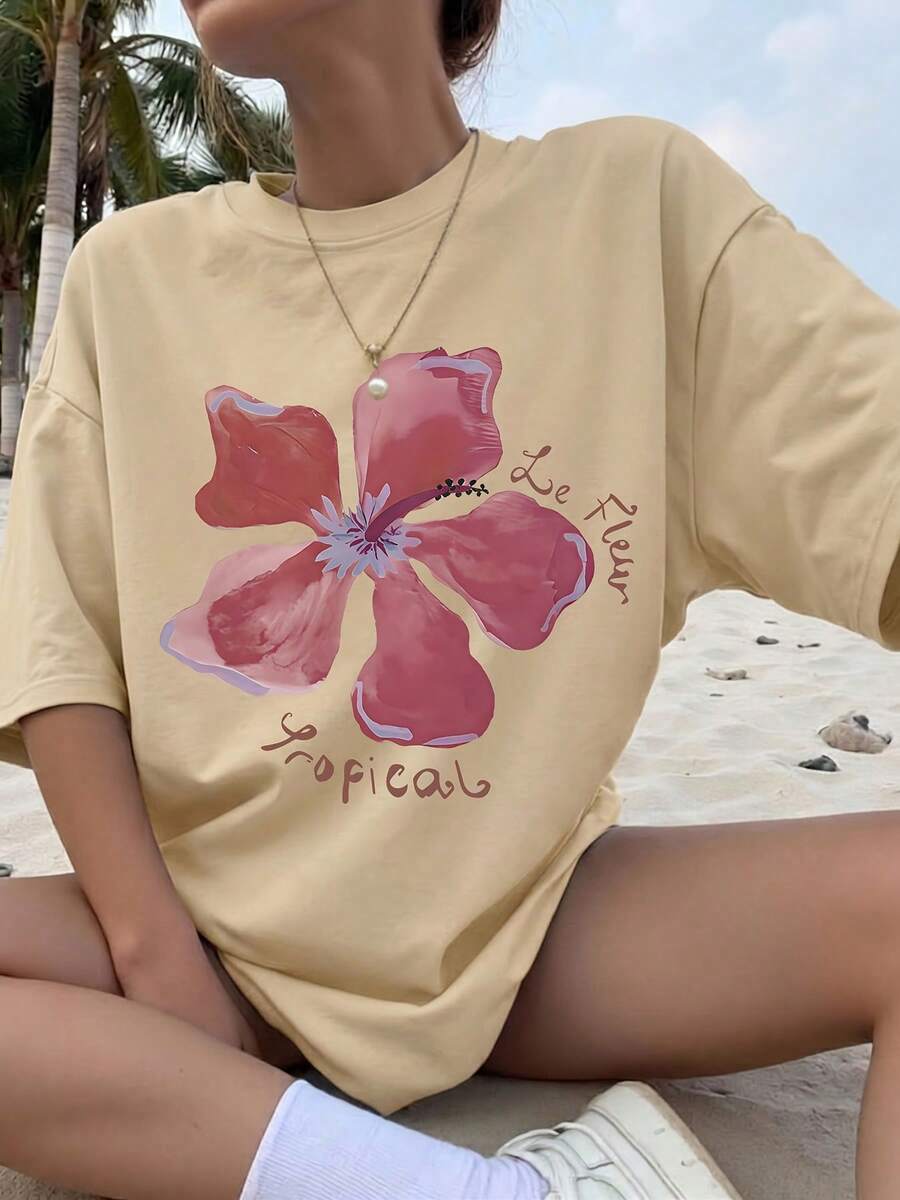Camiseta con estampado floral, estampado de letras, camiseta casual de manga corta con cuello redondo, adecuada para vacaciones y uso diario - Camiseta unisex de algodón suelto de manga corta con cuello redondo estilo vintage, blusas para mujer. blusas.blusas casuales para dama. - Albaricoque - Ver 1