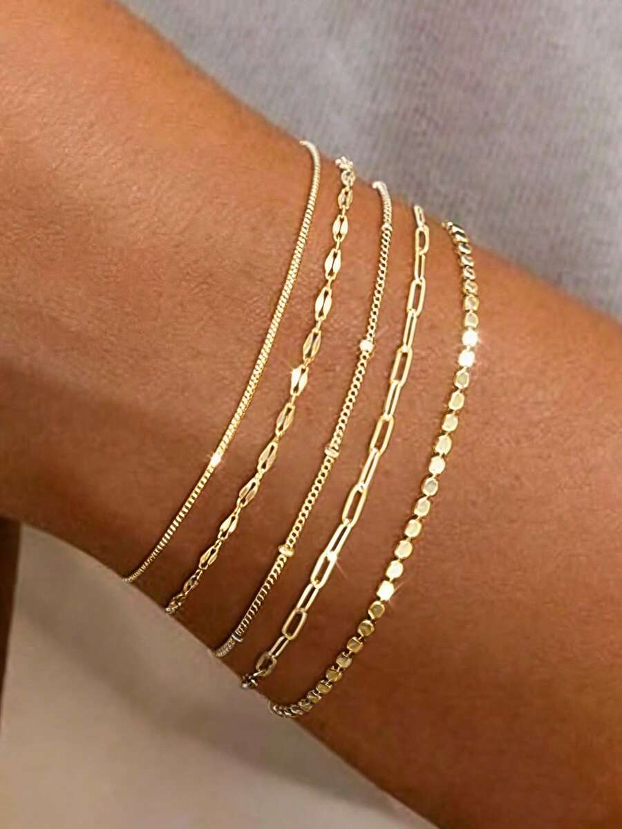 Set Gelang Rantai Minimalis Punk 5 Buah, Cocok untuk Pemakaian Sehari-hari Wanita (Rantai Dipotong Sesuai Panjang, Bukan Berdasarkan Jumlah Manik) - Emas - View 1