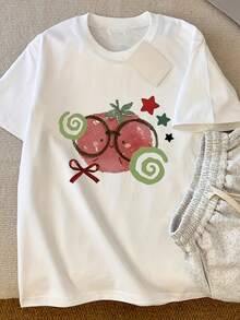 Camiseta de manga corta oversize estilo Y2K para mujer - Top casual de verano con cuello redondo y estampado de tomates, adecuado para climas cálidos - Lavable a máquina, básico del guardarropa de verano - Blanco - Ver 6