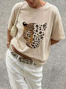 Nueva blusa de verano con estampado de cara de leopardo vintage, cuello redondo, teñido anudado y manga corta. Elegante y versátil para mujer. (Estilo retro, estilo fresco, estilo dulce, unisex) - Albaricoque - Ver 1