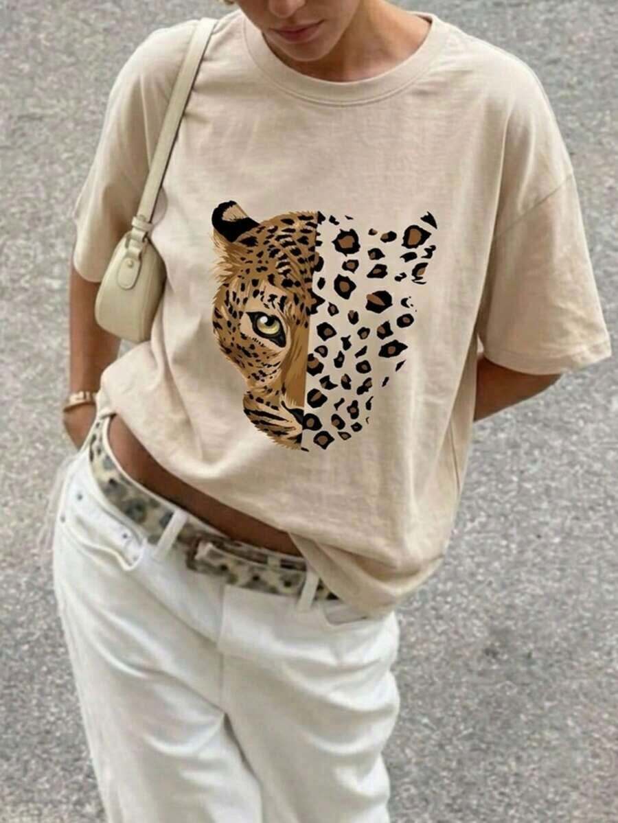 Nueva blusa de verano con estampado de cara de leopardo vintage, cuello redondo, teñido anudado y manga corta. Elegante y versátil para mujer. (Estilo retro, estilo fresco, estilo dulce, unisex) - Albaricoque - Ver 1