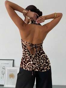 negra ajustada de estilo casual y elegante para la temporada de primavera/verano, con cuello asimétrico, sin mangas, escote halter, espalda descubierta y decoración de lazo - Blanco 2 - Ver 2