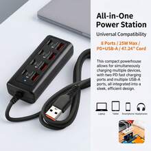 快速充電多口電源接條充電器 8 口集線器，配備 4 個 USB + 4 個 Type-C 接口 (25W 快速充電) 高速多口充電器適用於 5V USB 設備，適合電腦、筆記型電腦、平板電腦和其他設備，絕佳禮品套裝 - 查看 7