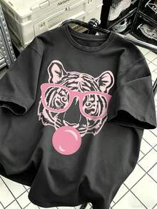 Green Short-Sleeved T-Shirt With A Round Neck, Loose And Versatile Style, With A Tiger Mouth And Bubble Print, Minimalist Summer Fashion For Women, Suitable For Everyday Wear And Holidays - 深灰色 - 查看 5