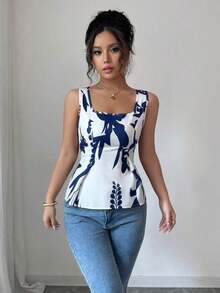 Blusa de mujer sin mangas con cuello sin cuello, cinturón con nudo y volantes estampada en tela - Azul - Ver 5