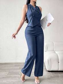 Conjunto de traje azul de doble botonadura para mujer - Azul - Ver 3