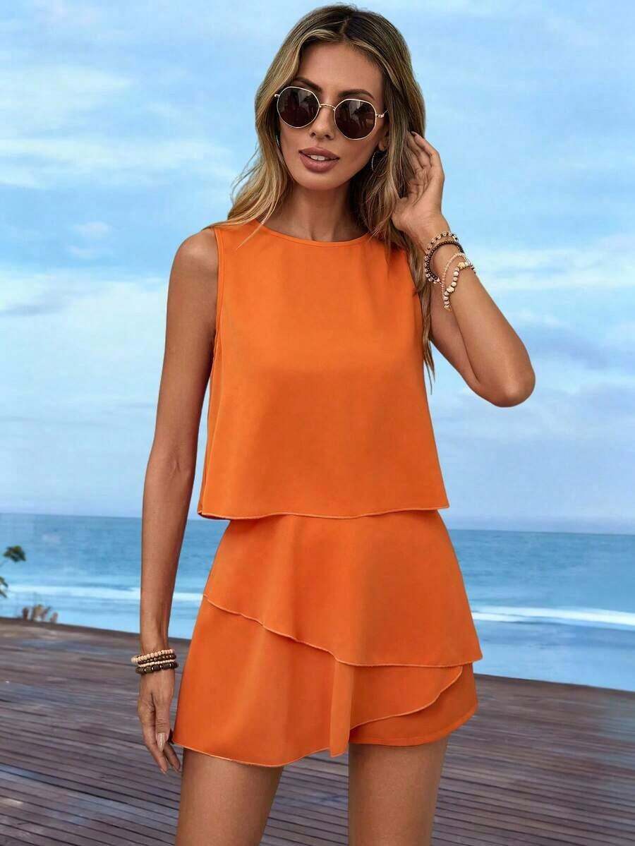 2 piezas de camiseta sin mangas y shorts de falda con diseño asimétrico y multicapa, ideal para uso casual, ir al trabajo o de vacaciones - Naranja - Ver 1