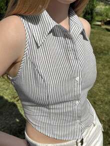 Camisa sin mangas de mujer de rayas tejida, azul - Gris - Ver 7
