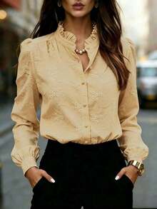 Camisa de manga larga para mujer con unicolor y cuello bordado con flores - Camisa casual y de negocios de moda, adecuada para la oficina, el trabajo, el hogar y todo el año, primavera/verano/otoño/invierno - Caqui - Ver 3