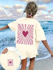 1 Piece Of Short-Sleeved T-Shirt With A Round Neck And Heart And Stripe Print. This Women's Short-Sleeved T-Shirt Features A Casual And Minimalist Style With A Round Neck, A Cute Design, And A Relaxed Fit, Making It Ideal For Everyday Wear And Vacations. Summer. 100% Cotton. - 杏色 - 查看 2