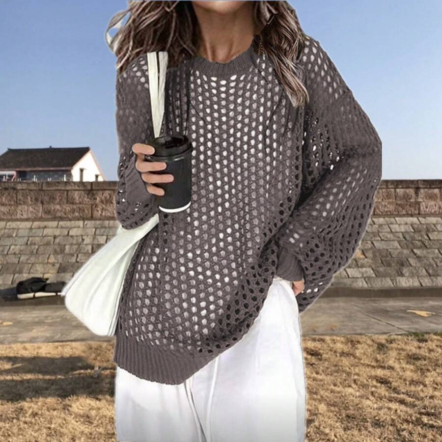 Spring And Summer Women's Knitted Bikini Beach Dress, Knitted Round-Neck Cover-Up With Hollow-Out Design - Grey - View 1
