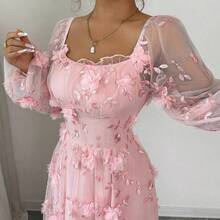 Elenzya Women's Elegant Retro Charming Princess Gentle Lady Net Yarn Long Sleeve Square Collar Waist A-Line Fluffy Hem Solid Color 3D Floral Embroidered Net Dress Fall Cloth For Women - Rosa - Ver 7