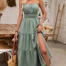 Women's Holiday Pleated Cami Dress Maxi Vacation Beach Outfit - Marrón Chocolate - Ver 2