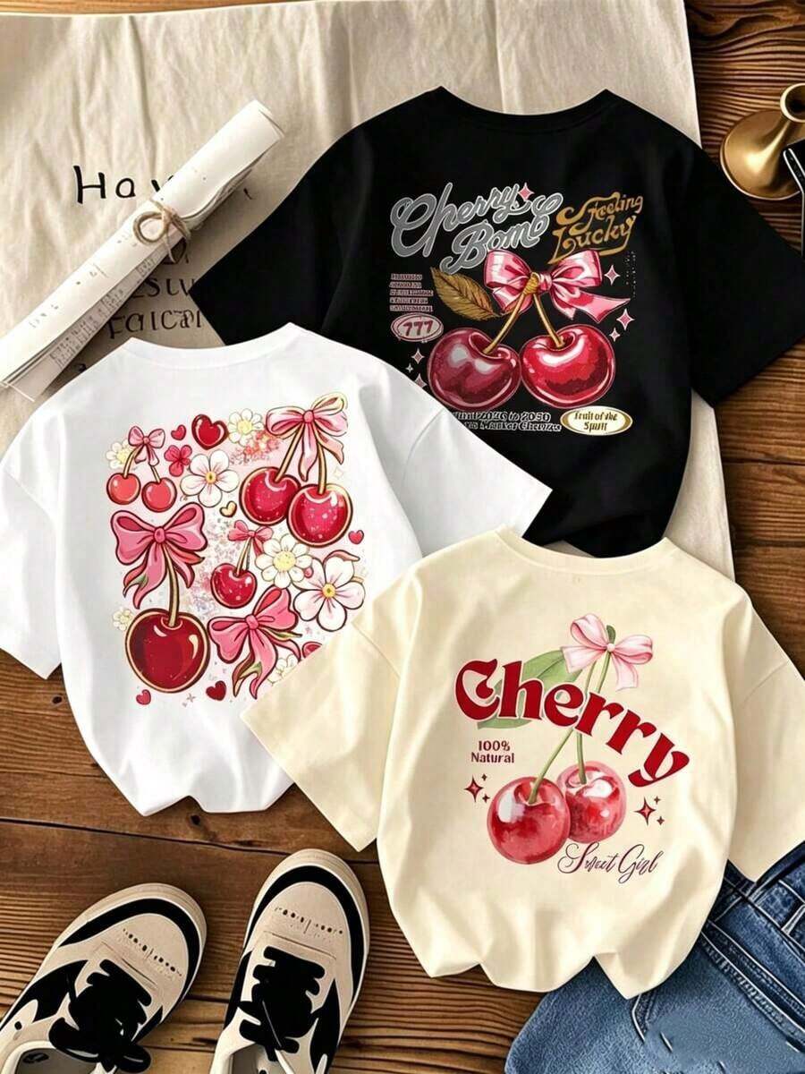 Sold Separately, Not A Three-Piece Set. Women's Vintage American-Style Printed T-Shirt, Soft And Comfortable, With Several Styles Available. Three Designs To Choose From. Made From 100% Pure Cotton, It's Ideal For Working Out, Everyday Wear, Vacations, School, The Office, And Parties. - 黑色 - 查看 1