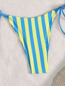 PEPPERMOLLY Set bikini de damă clasic cu dungi, bretele subțiri tip spaghete și top triunghi, costum de baie din două piese cu șnur reglabil pe lateral, elegant, pentru plajă, vacanță de vară - Albastru și galben - Vizualizare 6