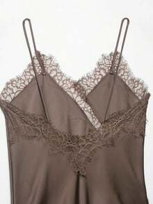 Nueva llegada Camiseta de mujer con decoración de encaje sexy, estilo europeo y americano para el verano - Marrón Mocha - Ver 4