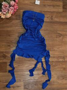 Elegante vestido ajustado de color vino tinto con cuello halter, con diseño asimétrico y fluido, perfecto para fiestas, vacaciones en la playa, festivales de música, salidas y citas, vestido ajustado de verano para mujer, vestido de fiesta para mujer - azul real - Ver 6
