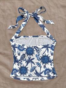 Parte superior corta ajustada con cuello de halter casual para vacaciones de mujer, verano de mujer, sin espalda, ropa de vacaciones de mujer, lunares, primavera de mujer, verano, parte superior para salir de mujer, vacaciones de mujer - Multicolor - Ver 2