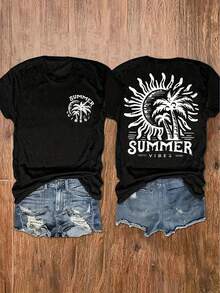 Round Neck T-Shirt With Letter Print, Beach And Sun, Casual Short Sleeve Top For Women, Women's Clothing - Breathable And Skin-Friendly - 白色 - 查看 8