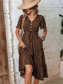 Vestido largo de mujer con estampado de dálmata, drapeado frontal y volante en el bajo - Café integral - Ver 7
