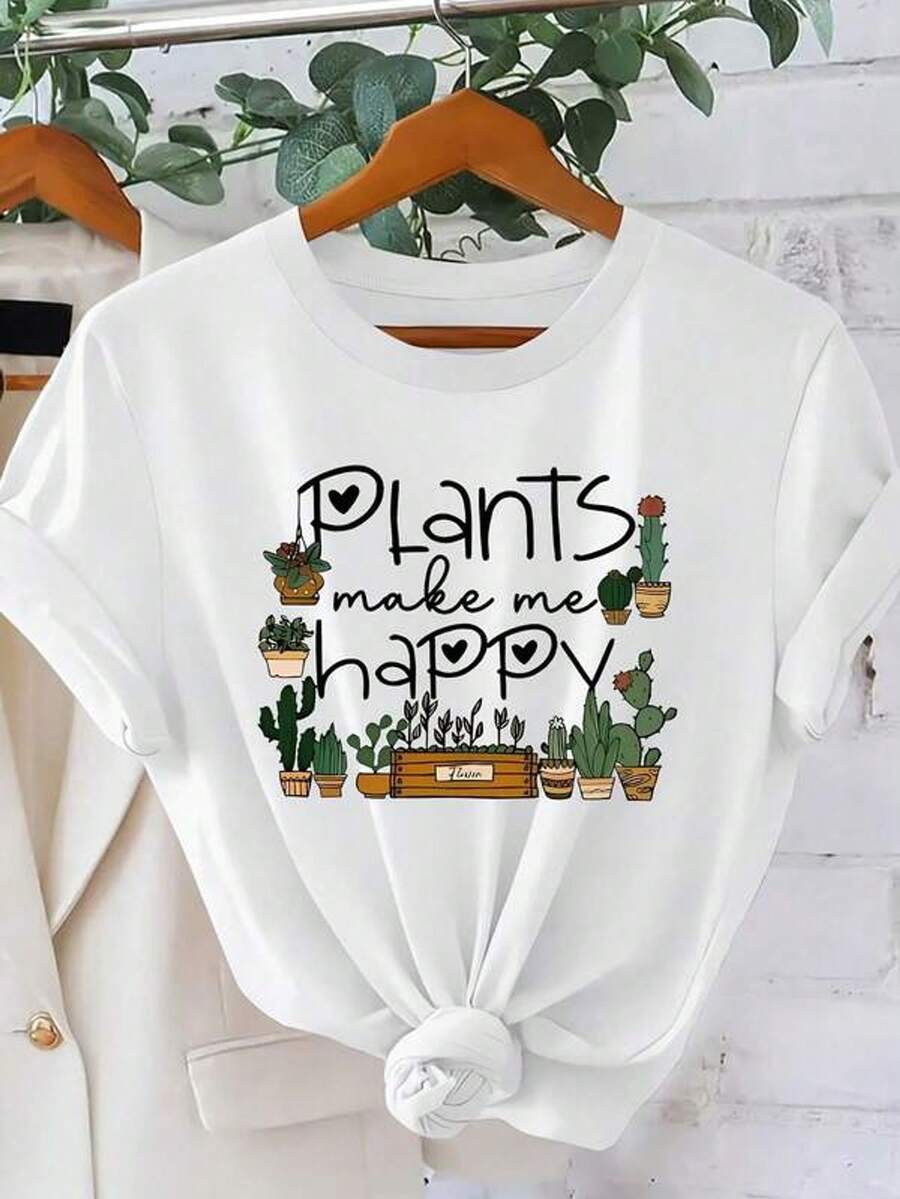 Camiseta de manga corta con letra, estilo casual de cuello redondo con lindo patrón de cactus y flores para mujer. Ropa deportiva de moda, estilo vintage, disponible en multicolor tallas S-XXL