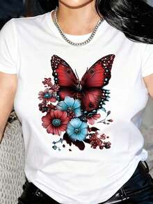Camiseta de manga corta para mujer con estampado floral y de mariposas en rojo - Camiseta de cuello redondo suave y elástica con tela no transparente - Ideal para atuendos casuales y formales de uso diario - Camiseta para mujer lavable a máquina, ropa de primavera y verano, camiseta de material no transparente para el verano. - Blanco - Ver 1