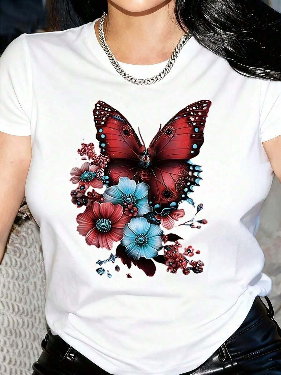 Camiseta de manga corta para mujer con estampado floral y de mariposas en rojo - Camiseta de cuello redondo suave y elástica con tela no transparente - Ideal para atuendos casuales y formales de uso diario - Camiseta para mujer lavable a máquina, ropa de primavera y verano, camiseta de material no transparente para el verano. - Blanco - Ver 1