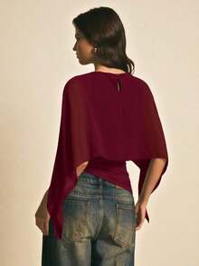 Blusa casual con cuello chal marrón para mujer, blusas elegantes para mujer, blusas casuales para mujer, apropiada para uso diario, salir, ir y venir en otoño/invierno, blusa de manga de murciélago, blusa marrón café, blusa marrón oscuro - Burdeos - Ver 6