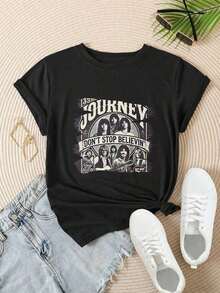 Women's Casual Short Sleeve T-Shirt - Vintage Journey Band Members Don't Stop Believin' Design, Crew Neck, Summer Top, Machine Washable, Ladies' T-Shirts, Casual Wear, Modern Style, Comfortable Fit
-White - 黑色 - 查看 2