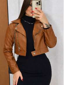 Women's Faux Leather Jacket With Zipper And Buttons – Modern And Elegant, São João 2026 Fashion - POWERFUL LOOK - Camel - Ver 2