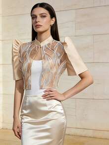 1 Stück moderne Filipiniana Bluse mit Schmetterlingsärmeln, Knopfbluse, Kurzarm-Top für Frauen, elegant für Alltag, Urlaub, Büro - Champagnerfarben - Übersicht 3