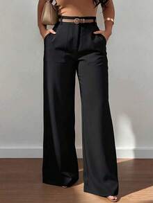 Pantalones casuales de cintura alta y pierna recta de moda para mujer, color negro - Negro - Ver 4