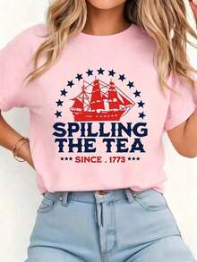2026 New Arrival,1PC, Spilling The Tea Since 1773 Fourth Of July T-Shirt Print T-Shirt Casual Crew Neck Short Sleeve Comfort Tee Top For Spring & Summ - 粉色 - 查看 4