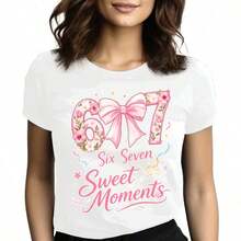 Tops para mujer holgada con estampado gráfico lindo para niñas - Estampado frontal de adorables donuts deé de la tarde y letras, top casual de estilo callejero para la vuelta al cole. - Blanco - Ver 6