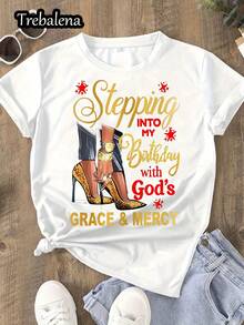 1 Piece Women's Birthday Letter Print T-Shirt - Casual Polyester Top With Round Neck And Alphabet Pattern, Short Sleeve, Regular Length For All Seasons. - White - View 1