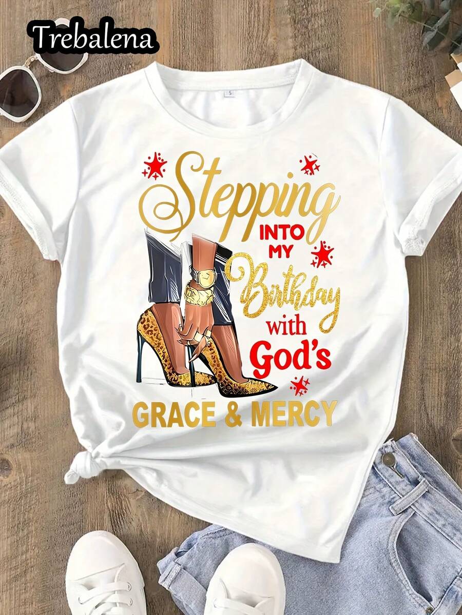1 Piece Women's Birthday Letter Print T-Shirt - Casual Polyester Top With Round Neck And Alphabet Pattern, Short Sleeve, Regular Length For All Seasons. - White - View 1