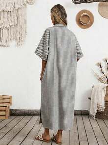 Holidaya Vestido casual de verano de algodón y lino con botones delanteros a rayas para mujer - Gris Oscuro - Ver 3