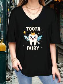 Women's Short Sleeve T-Shirt With Cheerful Tooth Fairy Graphic - Red, Playful Tooth Fairy Design With Stars, Lightweight Polyester, Perfect For Casual Or Sporty Outfits, Everyday Wear | Playful Graphic Tee | Comfortable Fit, Cute Tees - Black - View 6