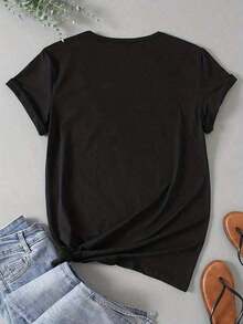 Diseño simple y versátil, destinado a honrar a Dios, a Jesús y a la fe cristiana. Camiseta de manga corta con estampado divertido para mujer, cuello redondo informal, camiseta de algodón - Negro - Ver 2