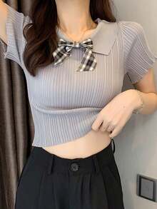 Blusa de mujer Camiseta de punto de manga corta con cuello de muñeca y lazo estilo coreano de verano para mujer, corta, con abdomen al aire, de fibra de hielo elástica - Gris - Ver 3
