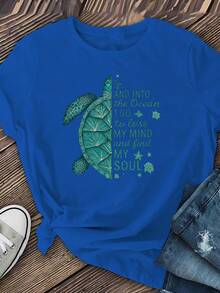 Camiseta casual clásica para mujer, estampada con las palabras "media tortuga marina, media letras" - top de manga corta con cuello redondo y transpirable, de tela de poliéster ligera, adecuada para primavera, verano y otoño, ropa casual. Bestseller. - Azul - Ver 4