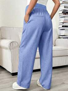 Pantalones rectos con bolsillo en diagonal, cintura ajustable, para maternidad - Azul - Ver 2