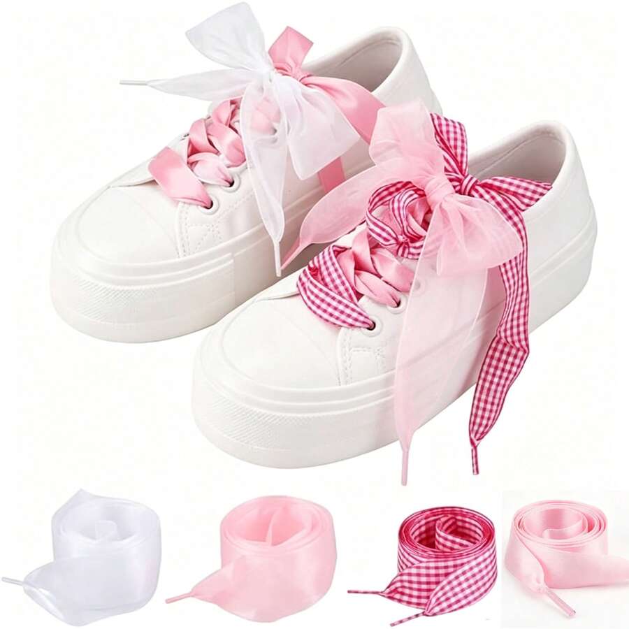 4 Paar Schnürsenkel, geeignet für Sportschuhe, modisches weiches Satinband Schnürsenkeset, niedliche breite Casual Schnürsenkel (geeignet für Frauen) - Verschiedenfarbig - Übersicht 1